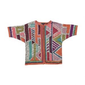 Peruvian Connection Pima Cotton Art Knit Cardigan Jacket L Colorful Geometric